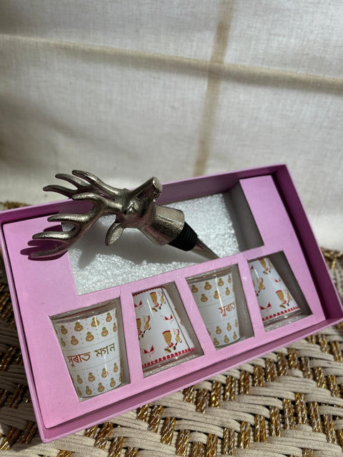 Bar Set Luxury Shot Glass &amp; Stag Bottle Stopper Gift Set